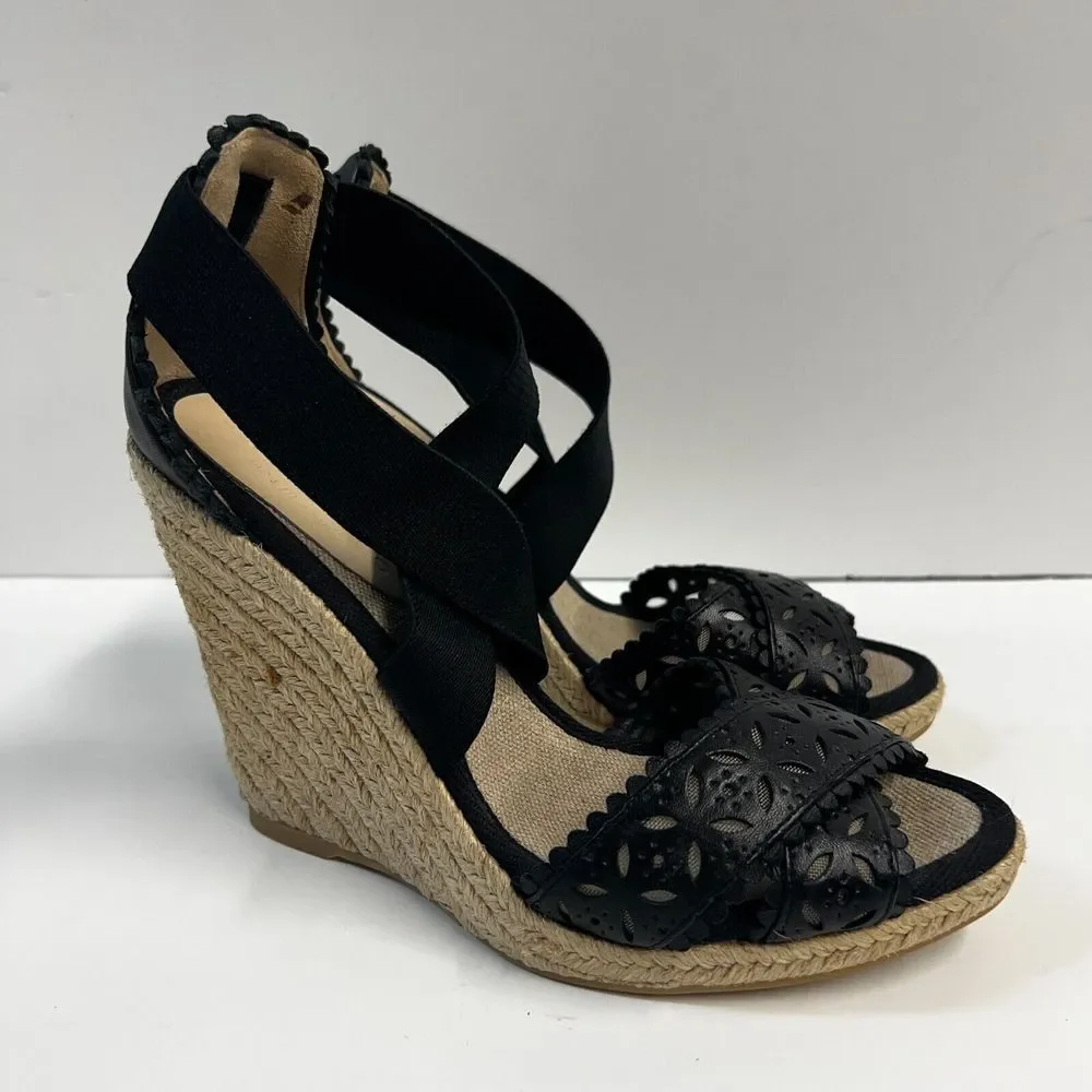 CLUB‎ MONACO Llullo Wedge Sandals Espadrilles Size 40 Black Leather NWOB